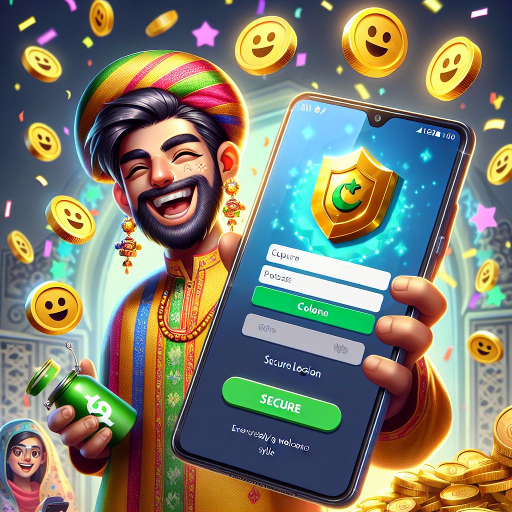 Lucky36 themed cartoon character using a smartphone login screen with coins and secure app symbols