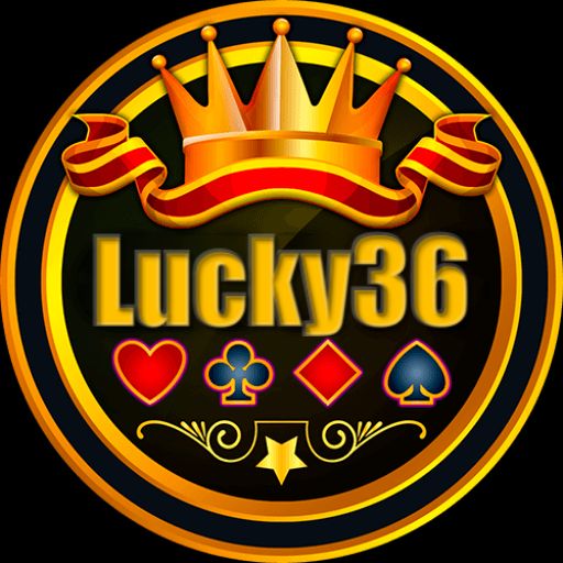 Lucky36 themed cartoon characters with coins, mobile gaming visuals, and a bright casino-style scene